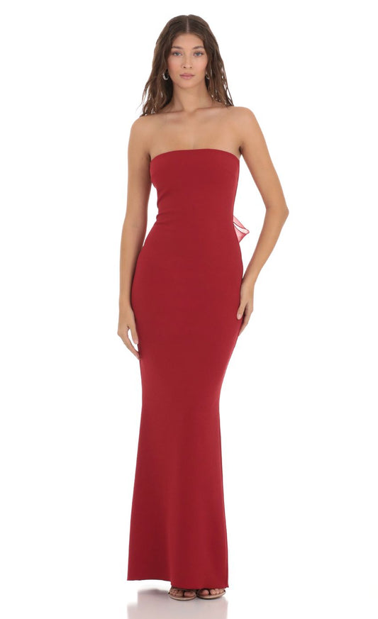 Lucy in the Sky Back Bow Strapless Dress in Red