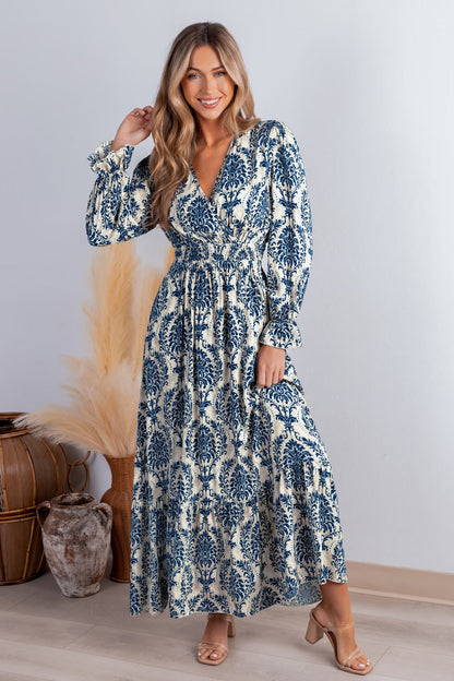 Cupshe Damask Blouson Sleeve Ruffle Cuff Maxi Dress