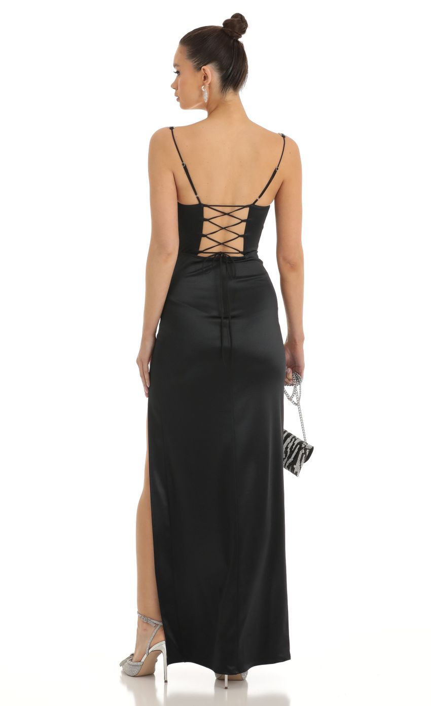 Lucy in the Sky Satin Rhinestone Maxi Dress in Black