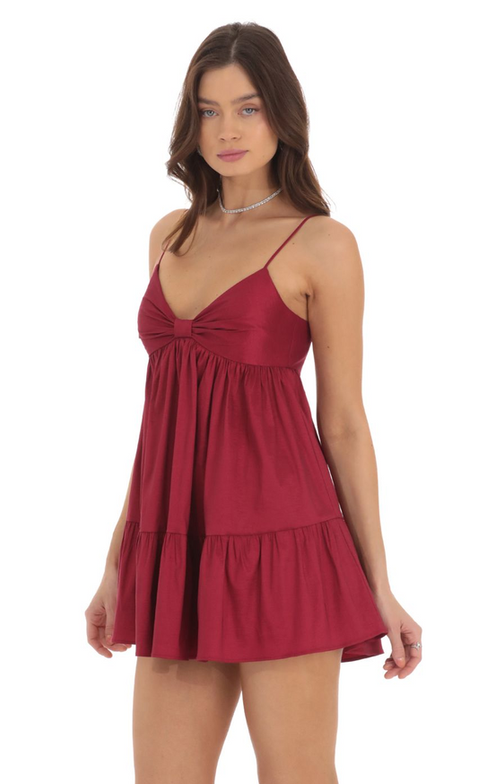 Lucy in the Sky Bow Babydoll Dress in Maroon