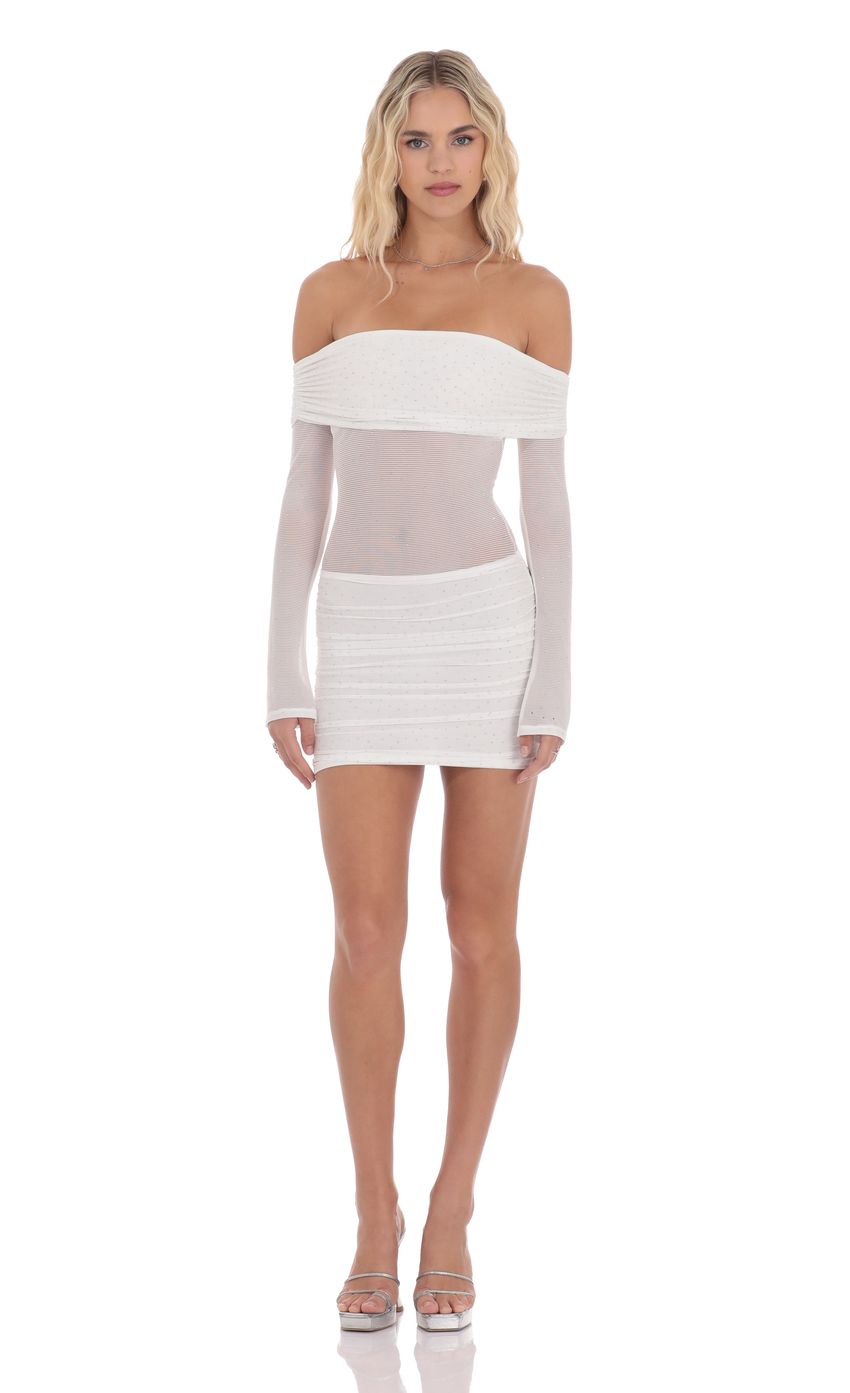 Lucy In The Sky Rhinestone Mesh Off Shoulder Dress in White