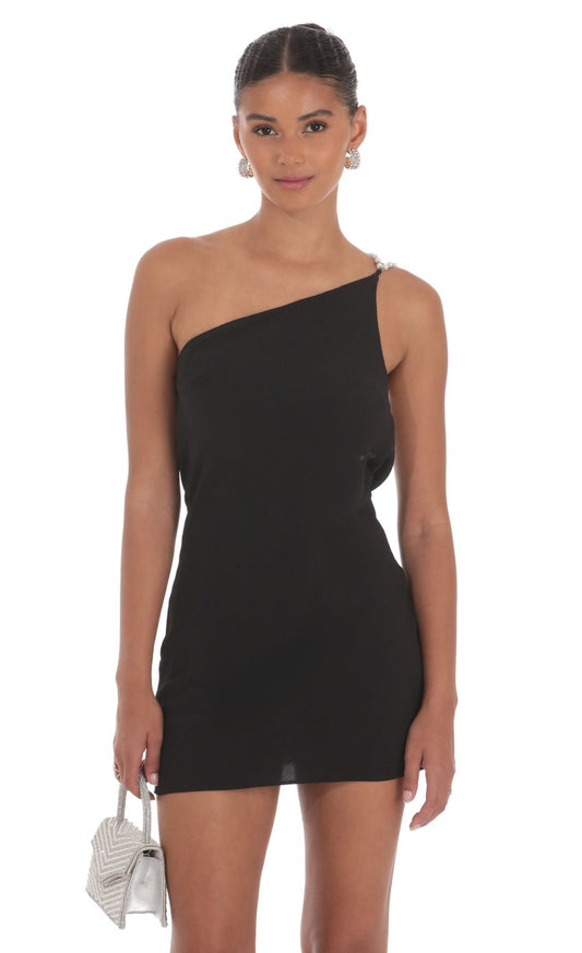 Lucy In The Sky Pearl One Shoulder Satin Dress in Black