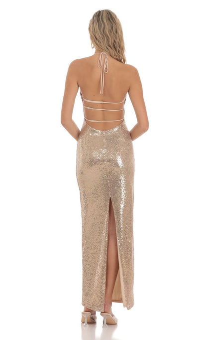 Lucy in the Sky Sequin Halter Maxi Dress in Gold