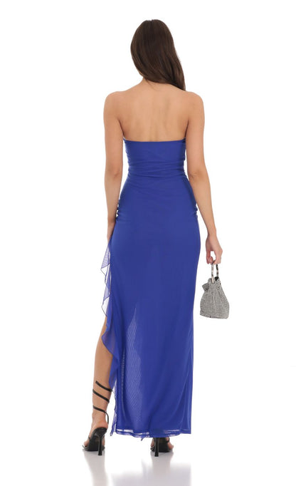 Lucy in the Sky Strapless Mesh Ruffle Slit Dress in Royal Blue
