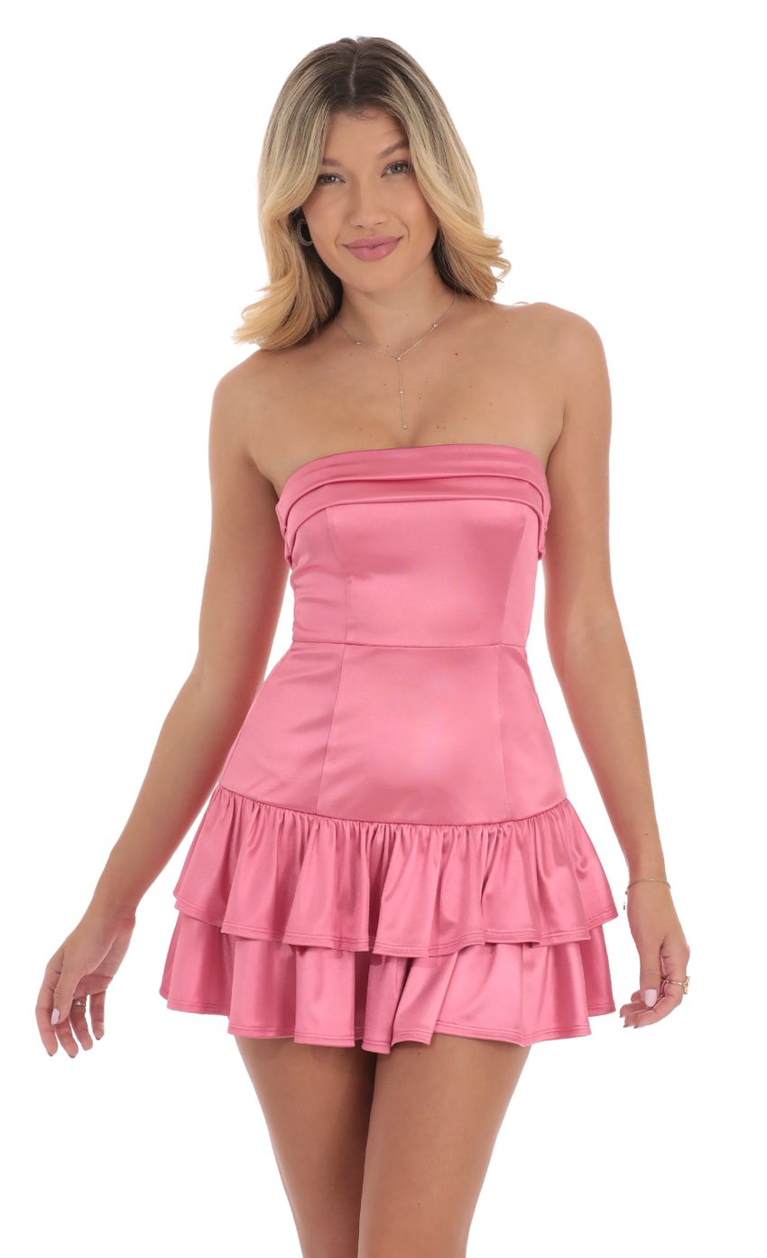 Lucy in the Sky Satin Strapless Ruffle Dress in Pink