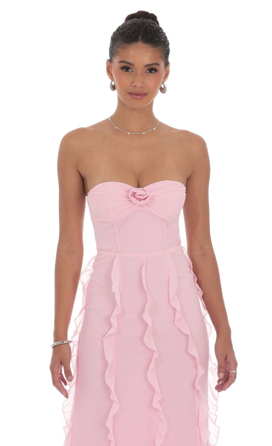 Lucy In The Sky Chiffon Rossette Ruffle Maxi Dress in Pink