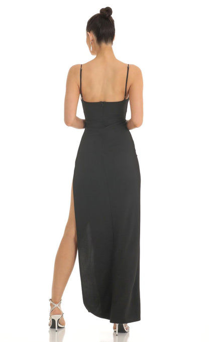 Lucy In The Sky Crepe Rhinestone Corset Maxi Dress in Black
