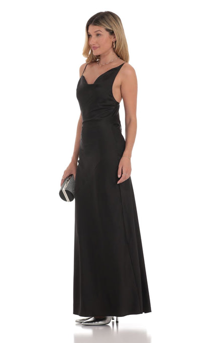 Lucy In The Sky Satin Asymmetrical Cowl Neck Maxi Dress in Black