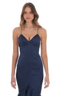 Lucy In The Sky Satin Ruffle Fishtail Maxi Dress in Navy