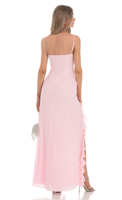 Lucy in the Sky Ruffle V-Neck Maxi Dress in Pink
