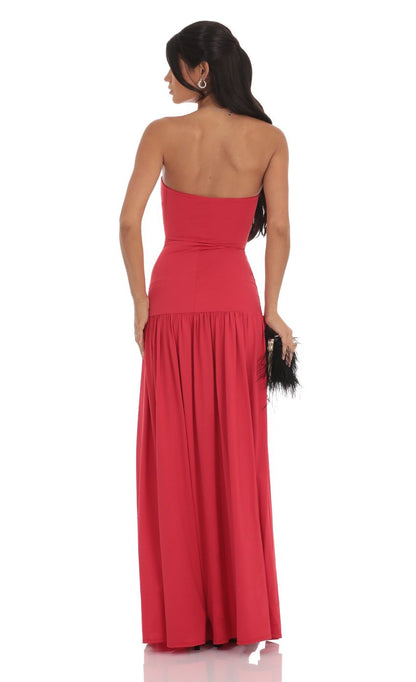 Lucy in the Sky Strapless Drop Waist Maxi Dress in Red