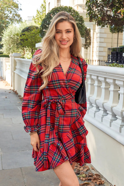 Cupshe Red Plaid Blouson Sleeve Ruffle Cuff Wrap Mini Dress (x2)