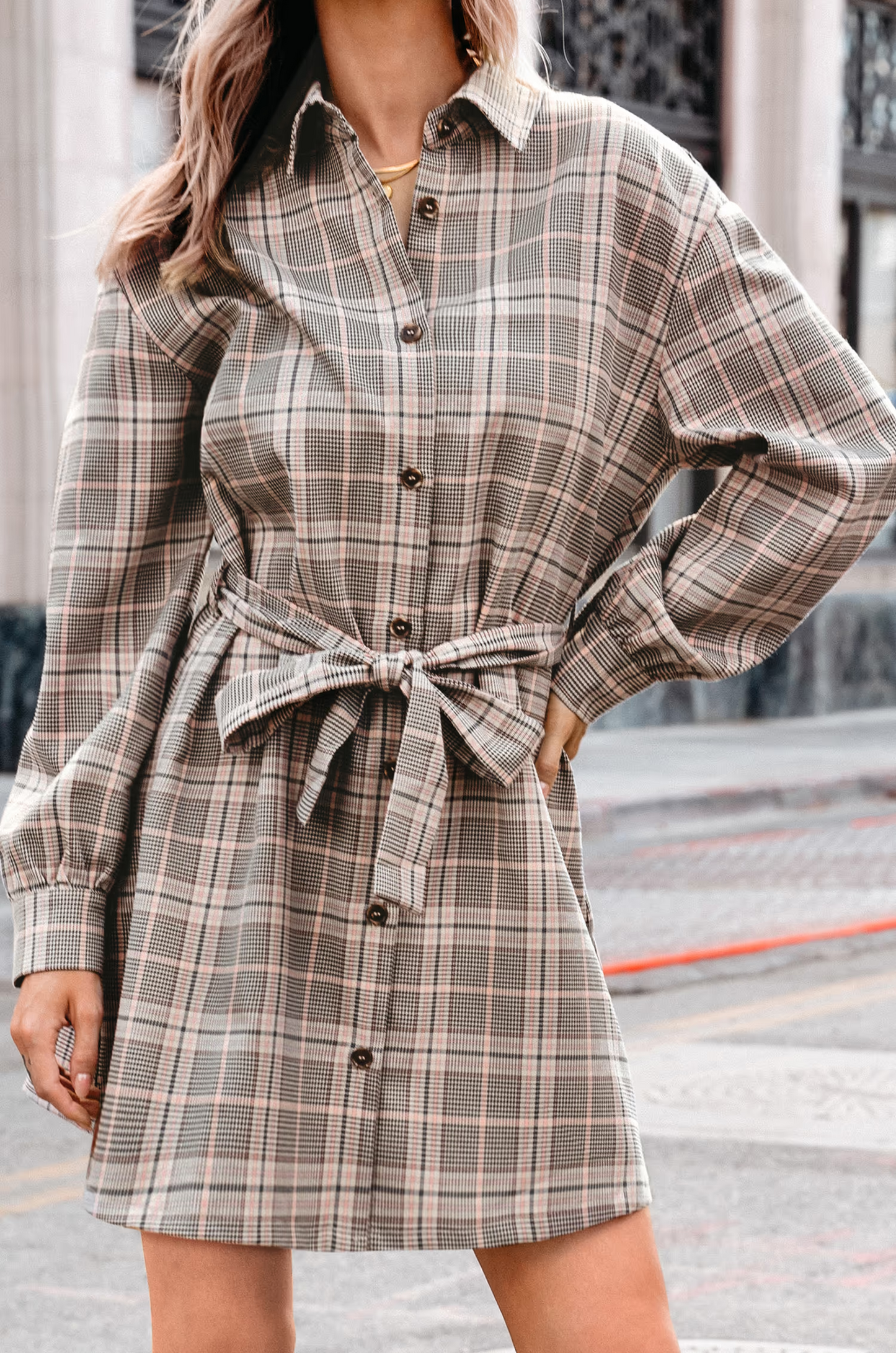 Cupshe Taupe Plaid Collared Long Sleeve Mini Shirt Dress