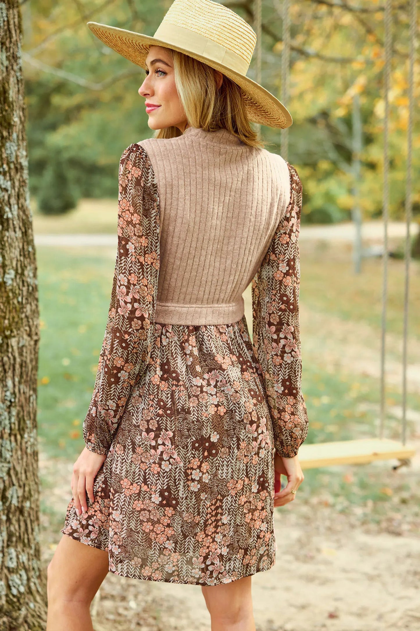 Cupshe Brown Retro Floral Mockneck Long Sleeve Mini Dress