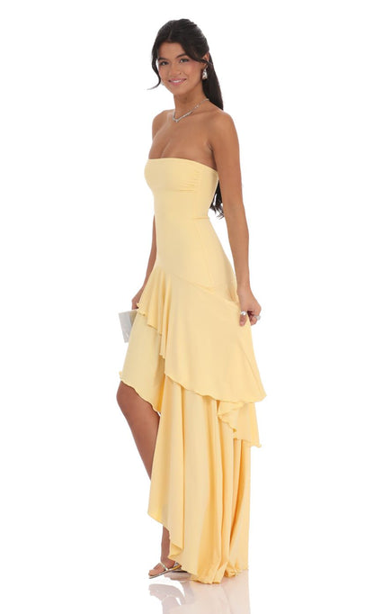 Lucy in the Sky Strapless Ruffle Asymmetrical Maxi Dress in Yellow