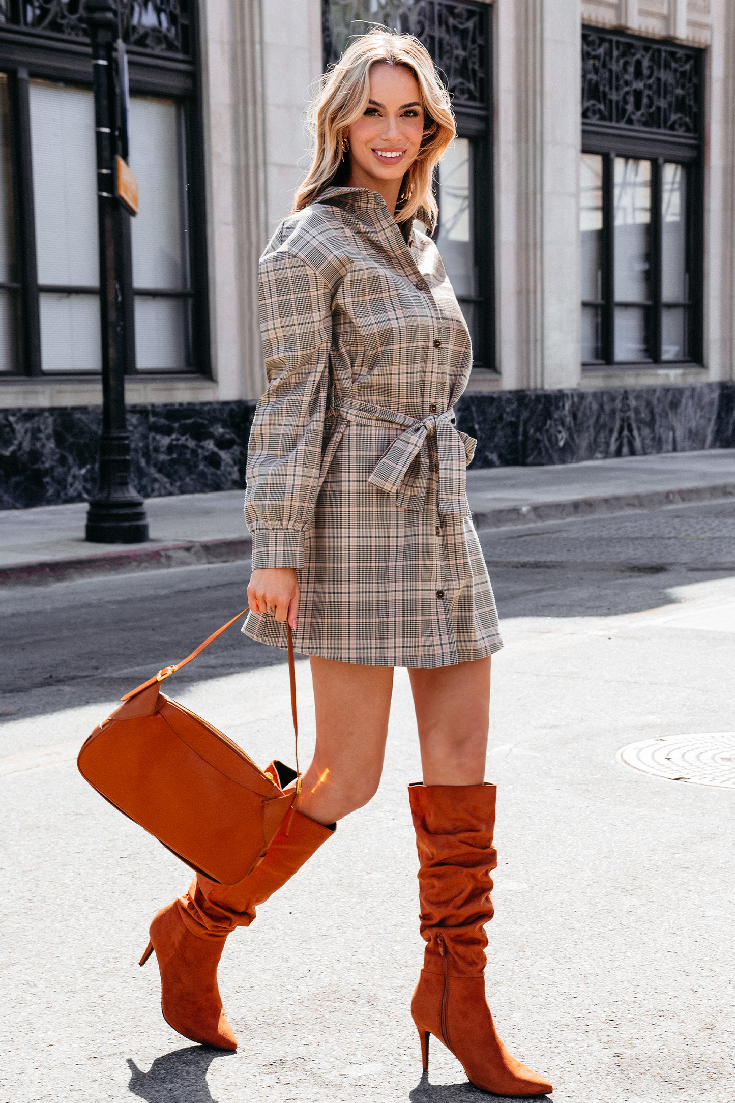 Cupshe Taupe Plaid Collared Long Sleeve Mini Shirt Dress