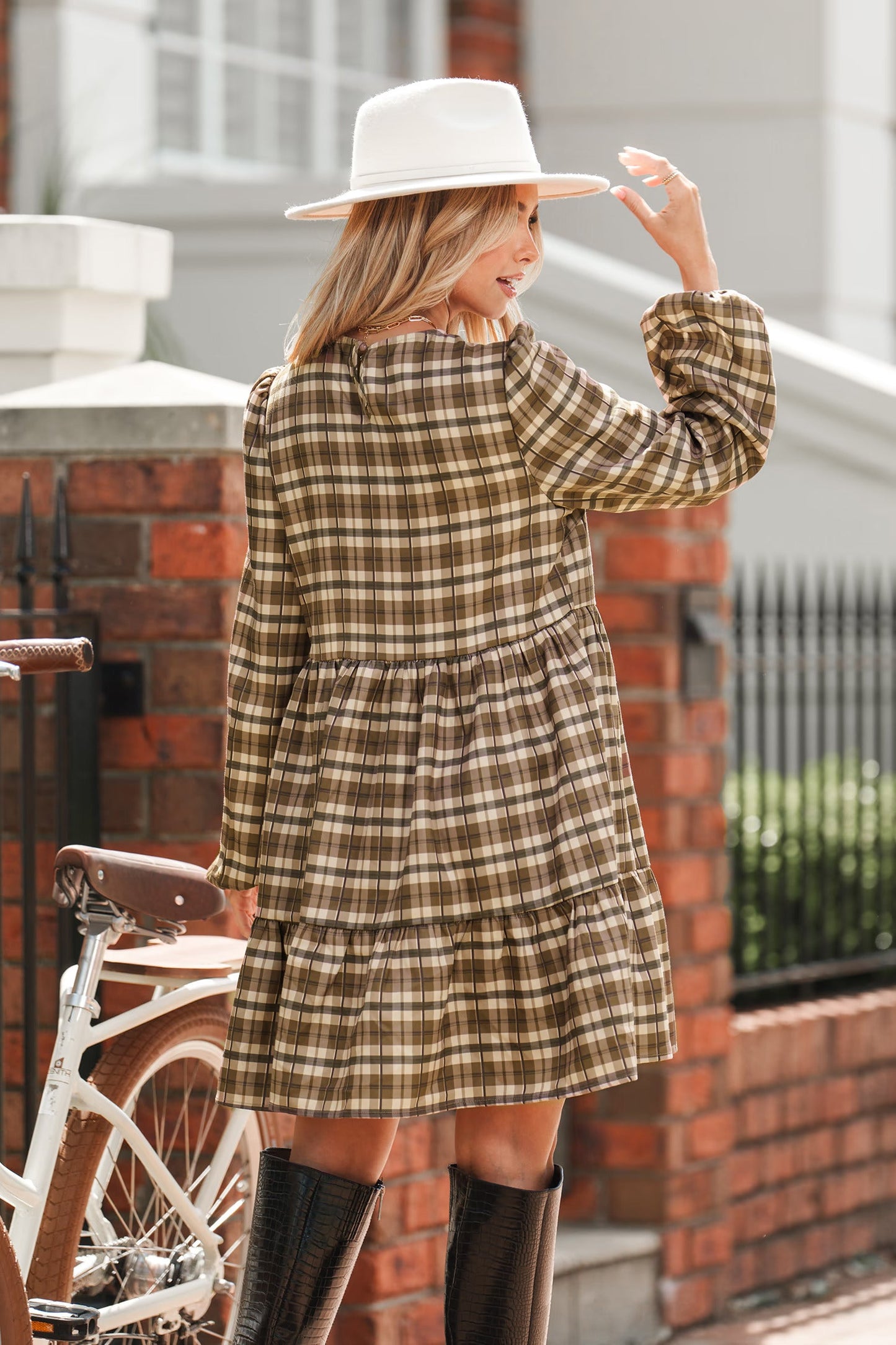 Cupshe Brown Plaid Round Neck Long Sleeve Mini Dress