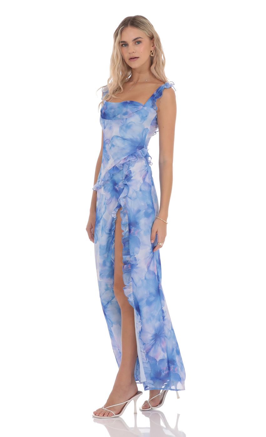 Lucy in the Sky Floral Ruffle Cowl Neck Maxi Dress in Blue