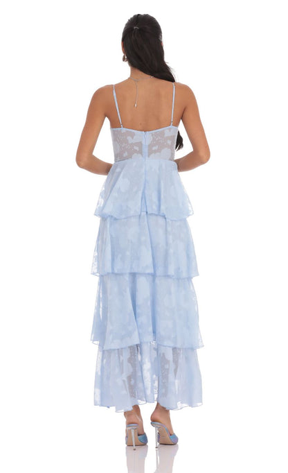 Lucy in the Sky Satin Floral Ruffle A-line Maxi Dress in Sky Blue