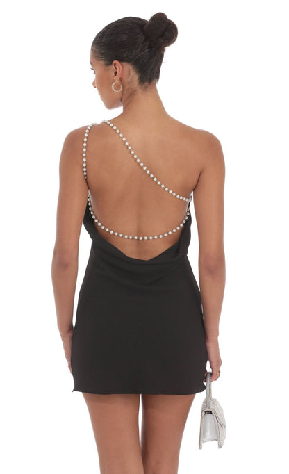 Lucy In The Sky Pearl One Shoulder Satin Dress in Black