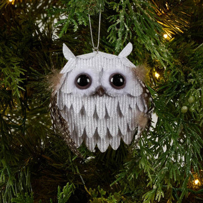 Cracker Barrel White Glitter Owl with Feathers Ornament