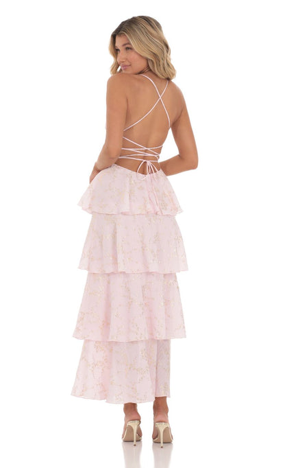 Lucy In The Sky Crinkle Foiled Floral Maxi Dress in Pink