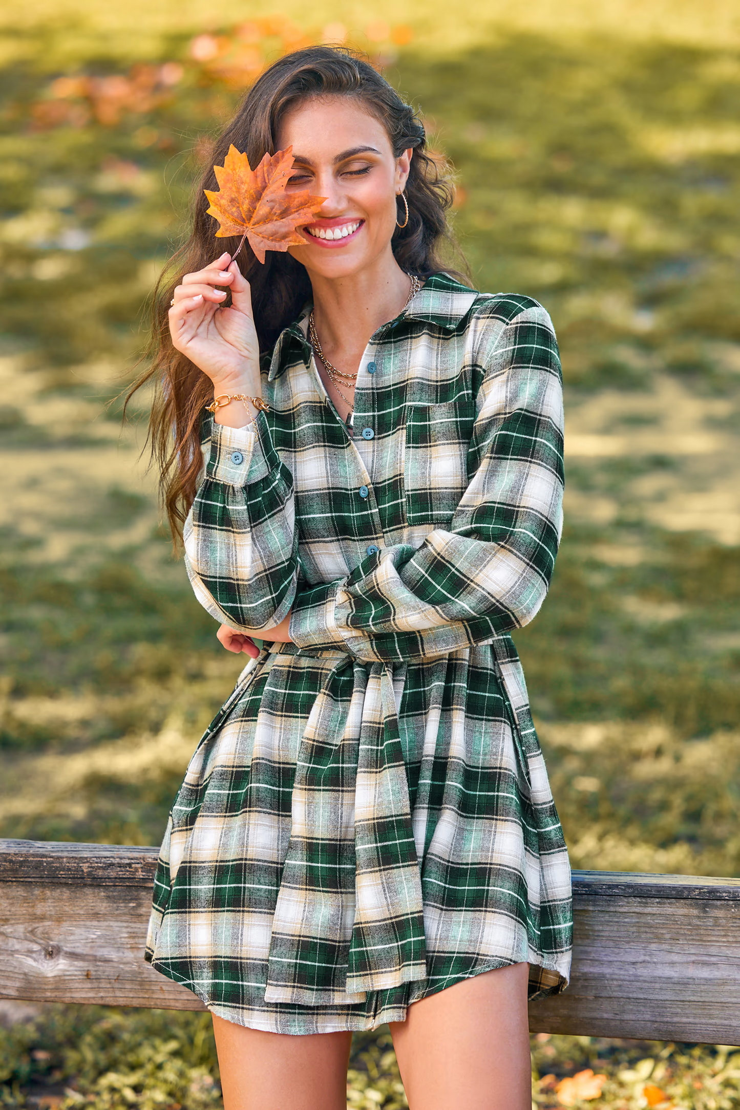 Cupshe Green Plaid Front Button Mini Shirt Dress