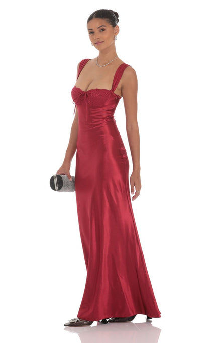 Lucy In The Sky Satin Lace-Bust Dress in Red