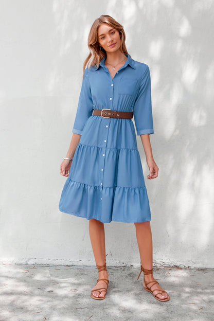 Cupshe Blue Collared Front Button Half Sleeve Midi Dress(X2)