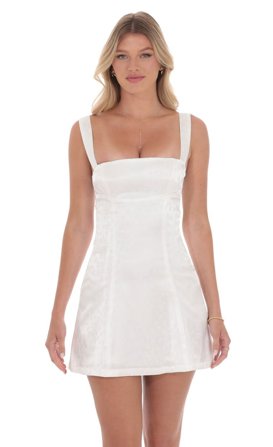 Lucy in the Sky Satin Jacquard Back Bow Bodycon Dress in White