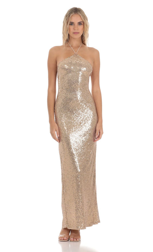 Lucy in the Sky Sequin Halter Maxi Dress in Gold