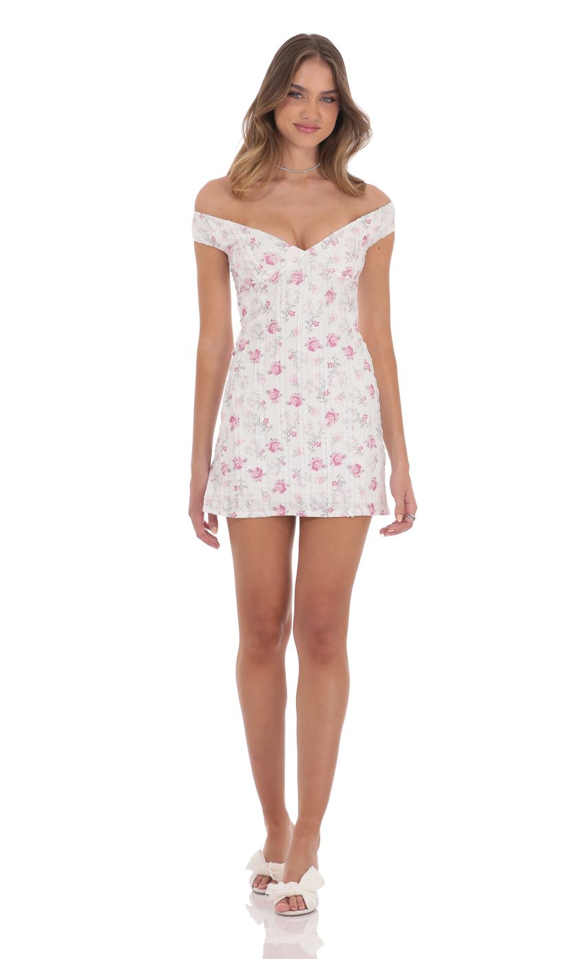 Lucy In The Sky Off Shoulder Lace Floral Dress in White