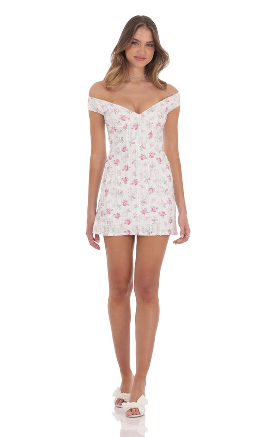 Lucy In The Sky Off Shoulder Lace Floral Dress in White