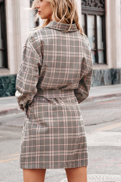 Cupshe Taupe Plaid Collared Long Sleeve Mini Shirt Dress