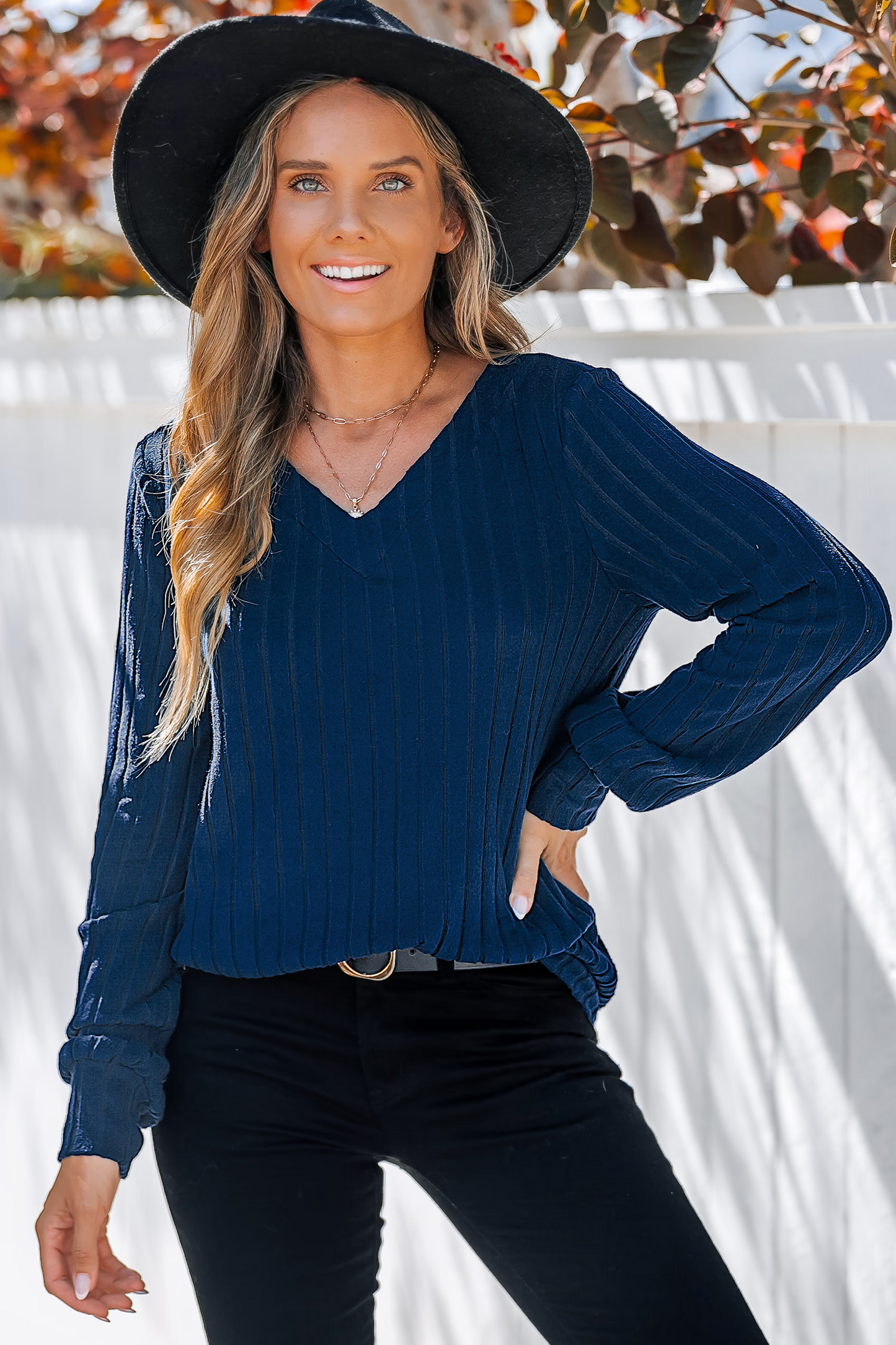 Cupshe Cobalt Blue Ribbed Knit V-Neck Long Sleeve Top (x2)