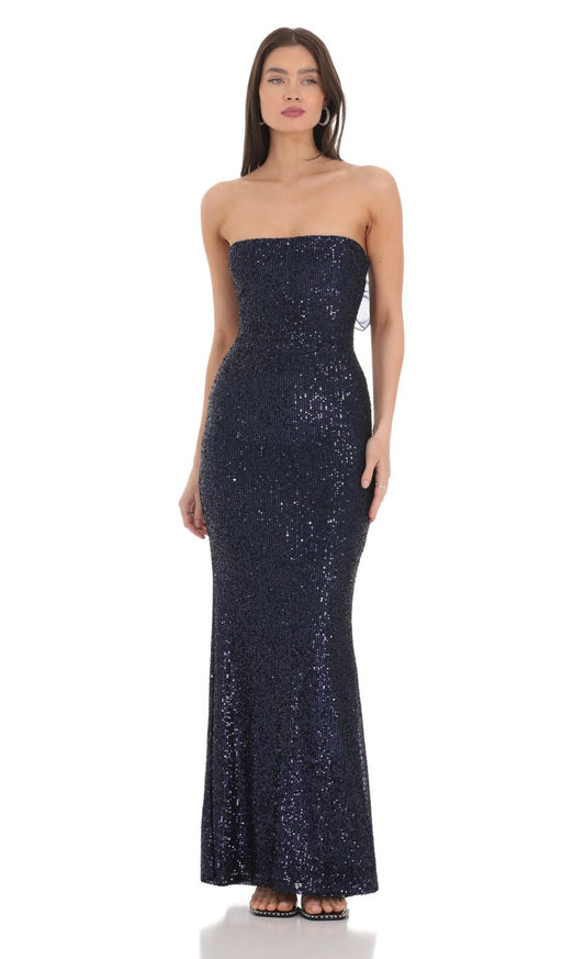 Lucy in the Sky Sequin Strapless Maxi Dress in Navy