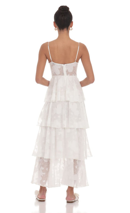 Lucy in the Sky Satin Floral Ruffle A-line Maxi Dress in White