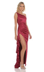 Lucy In The Sky Satin Off Shoulder Maxi Dress in Maroon