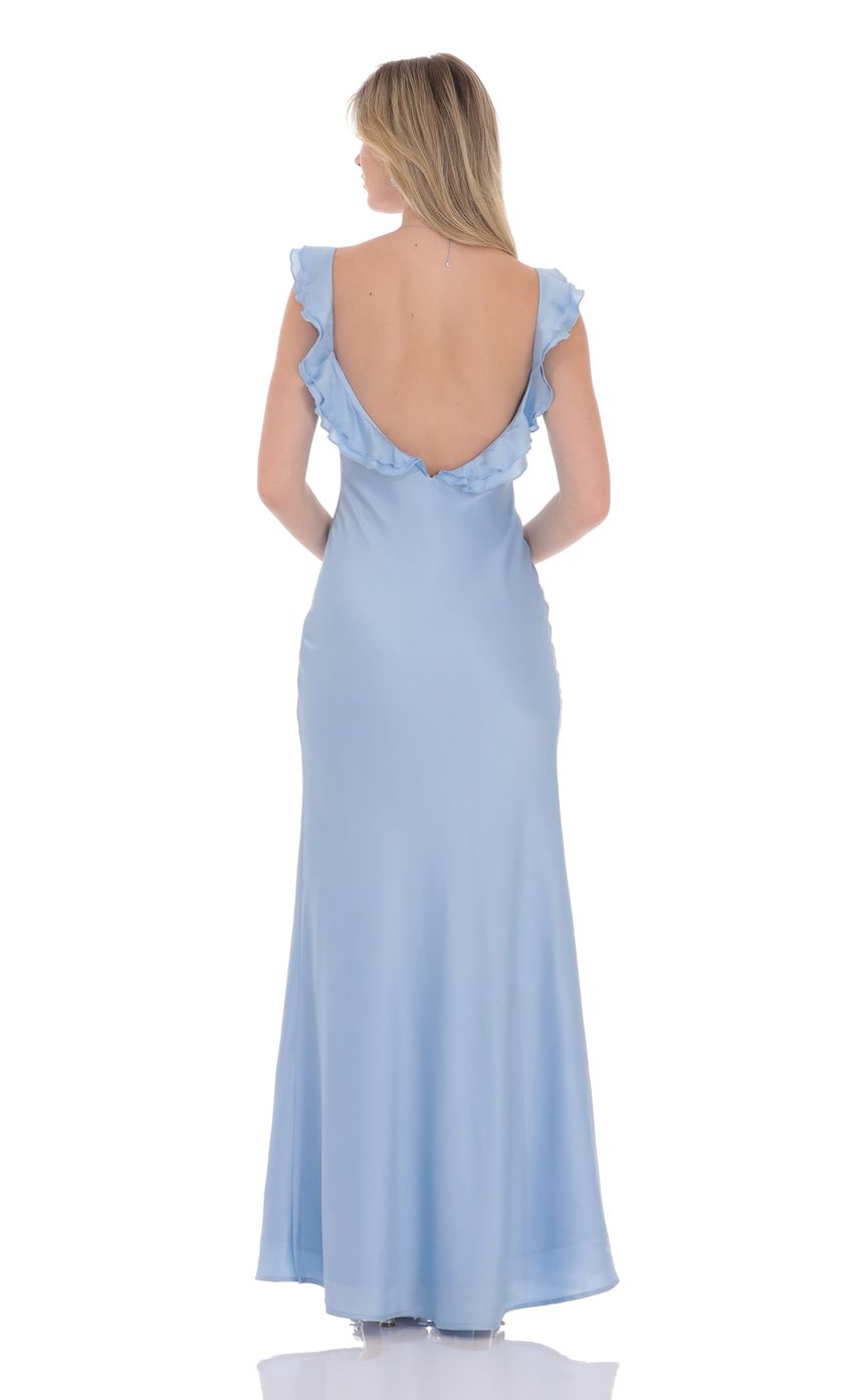 Lucy in the Sky Satin Ruffle Open Maxi Dress in Light Blue