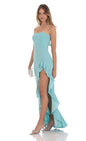 Lucy In The Sky Strapless Back Bow Corset Maxi Dress in Aqua Blue