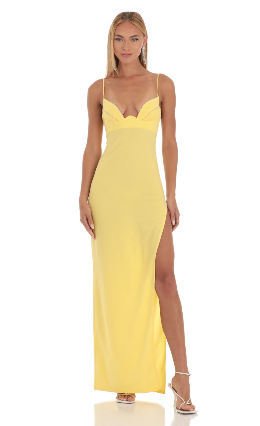Lucy In The Sky Crepe Rhinestone Corset Maxi Dress in Yellow