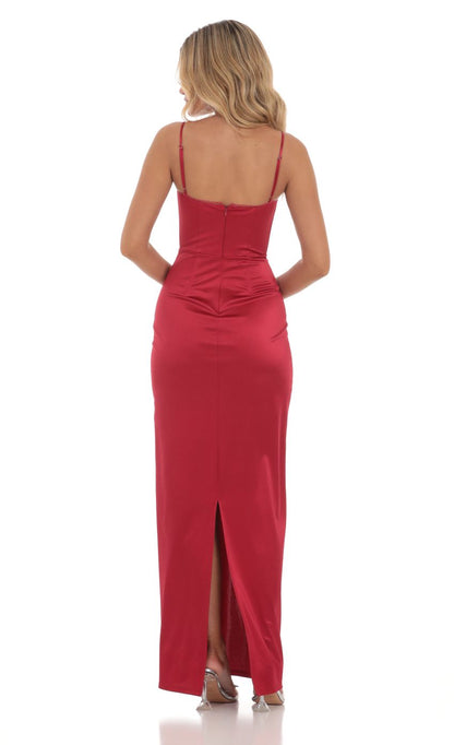 Lucy in the Sky Satin Bodycon Maxi Dress in Red