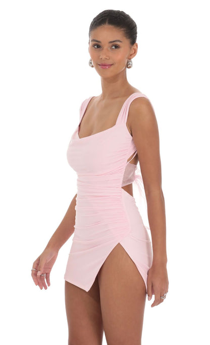 Lucy in the Sky Tulle Back Bow Ruched Bodycon Dress in Pink