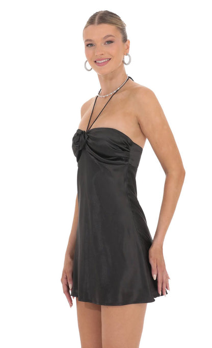 Lucy In The Sky Flower Satin Halter Dress in Black