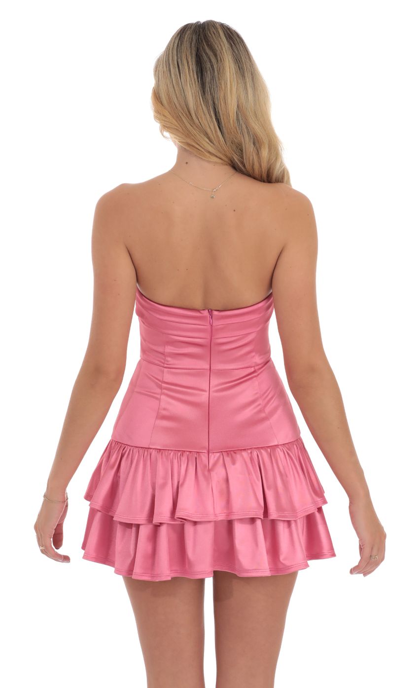 Lucy in the Sky Satin Strapless Ruffle Dress in Pink