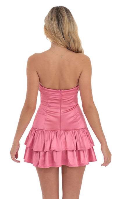 Lucy in the Sky Satin Strapless Ruffle Dress in Pink
