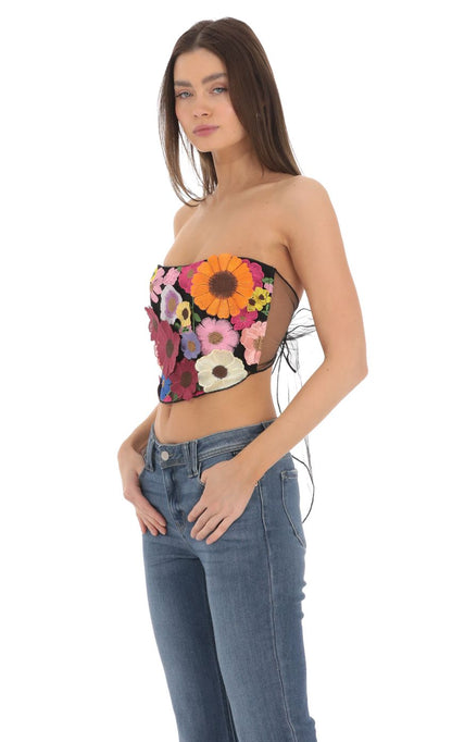 Lucy in the Sky 3-D Flower Strapless Top in Black