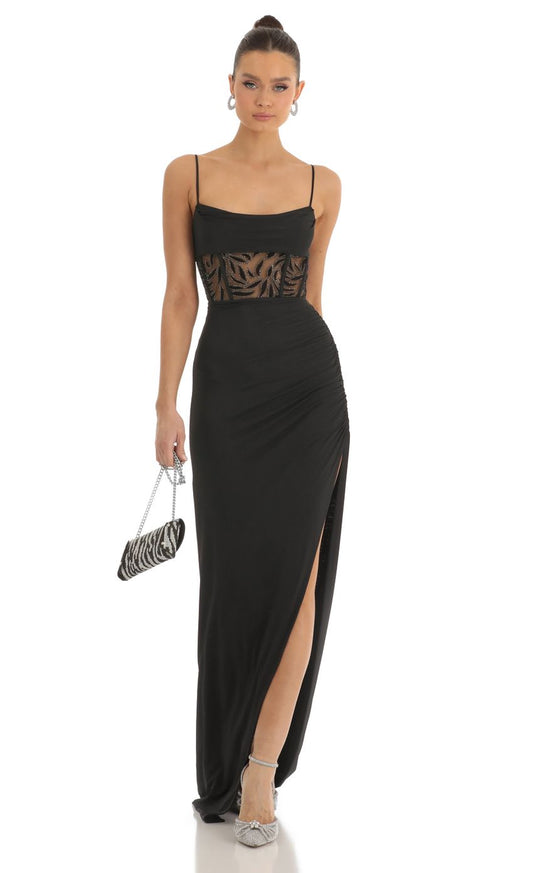 Lucy in the Sky Cutout Glitter Corset Maxi Dress in Black
