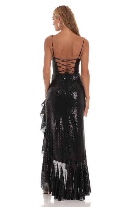 Lucy In The Sky Sequin Ruffle Dress in Black