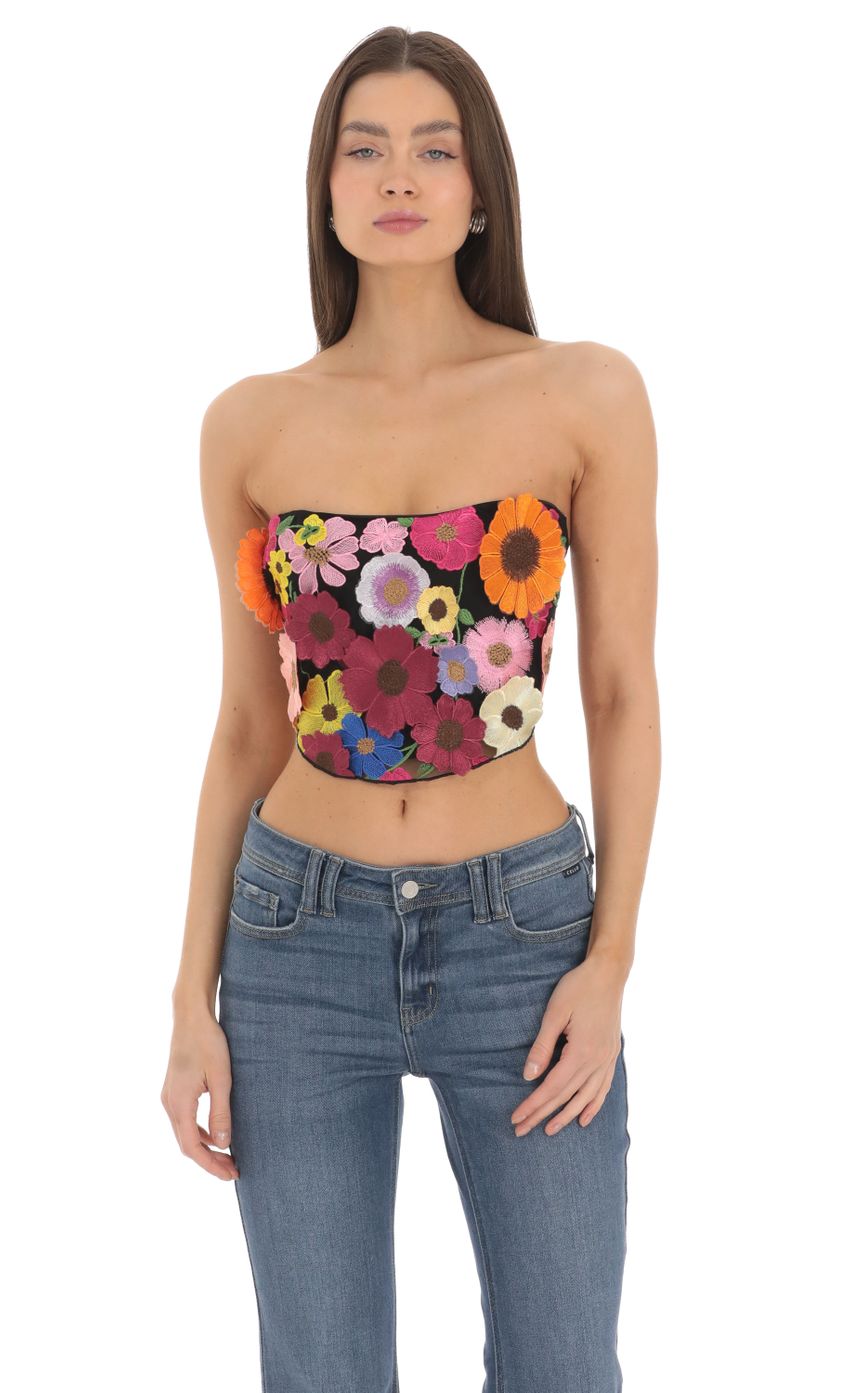 Lucy in the Sky 3-D Flower Strapless Top in Black